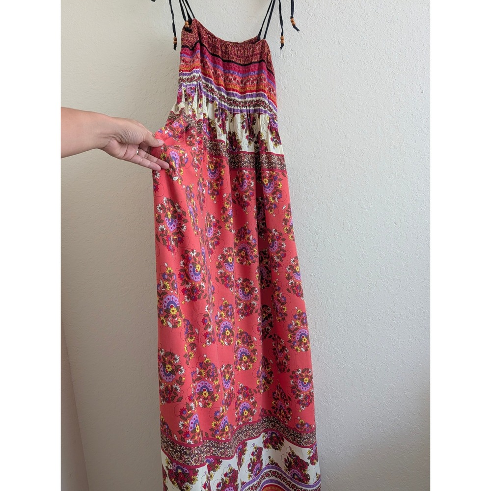 Twenty One Women Floral Paisley Smocked Maxi Dress Coral Red Boho L